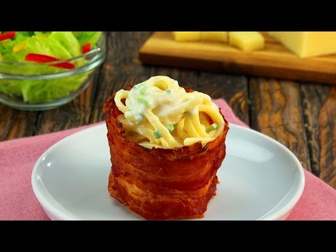 Käsenudeln im Bacon-Körbchen: herzhaftes Pasta Rezept für zwei