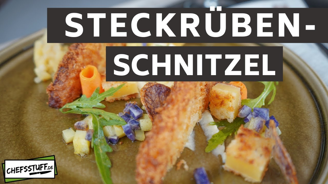 Steckrübenschitzel mit Vanille-Sellerie Püree | Birnen-Apfel Concasse | Kartoffeln | Vegetarisch