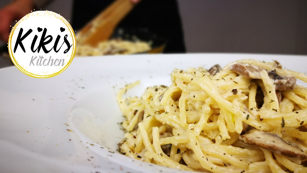 Nudeln mit Champignon Sahnesauce | Pasta mit Pilzen | Schnelle Soße fur Nudeln | Kikis Kitchen