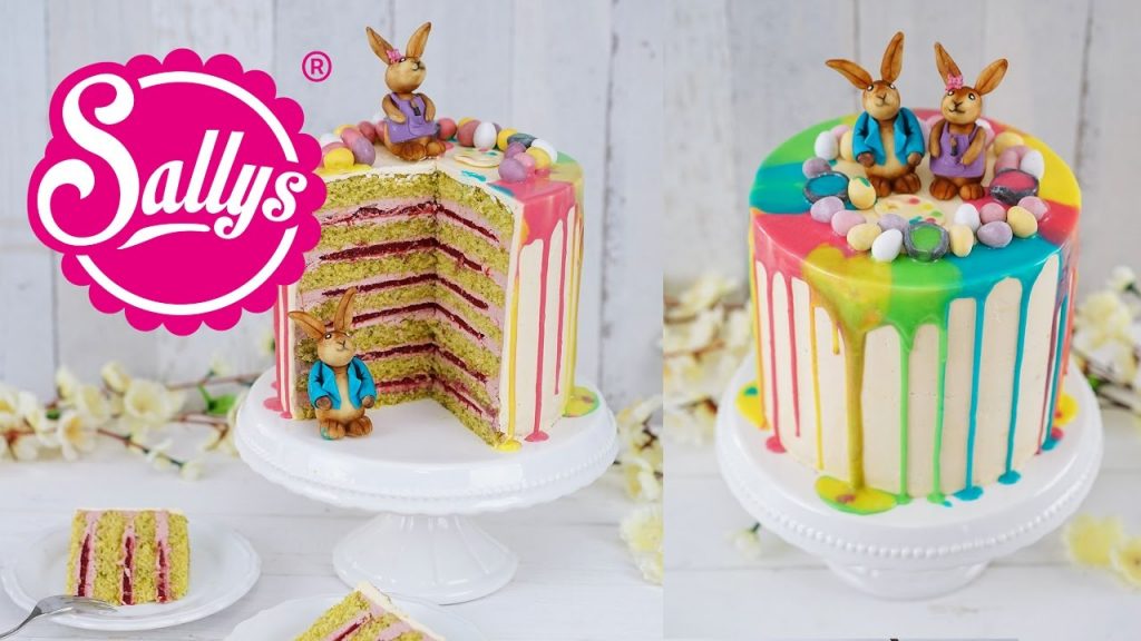 Drip Cake – Ostertorte mit bunten Regenbogenfarben und Schokoladen Häschen / Sallys Welt