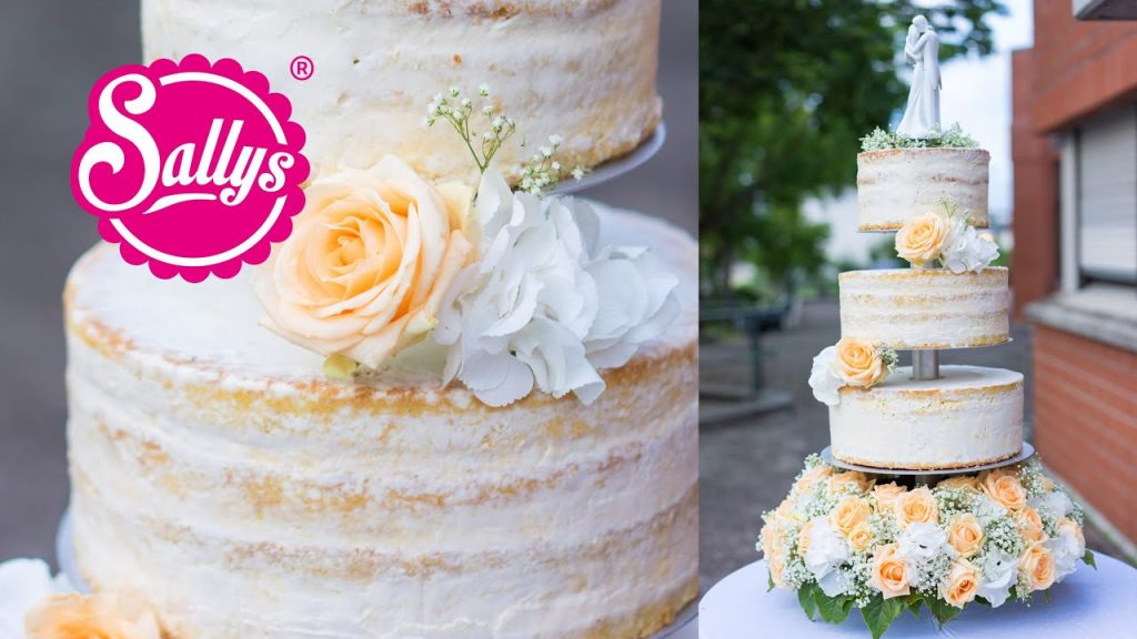 Hochzeitstorte dreistöckig/ naked Cake / Eistorte mit Pfirsich-Mango-Parfait / Wedding Cake