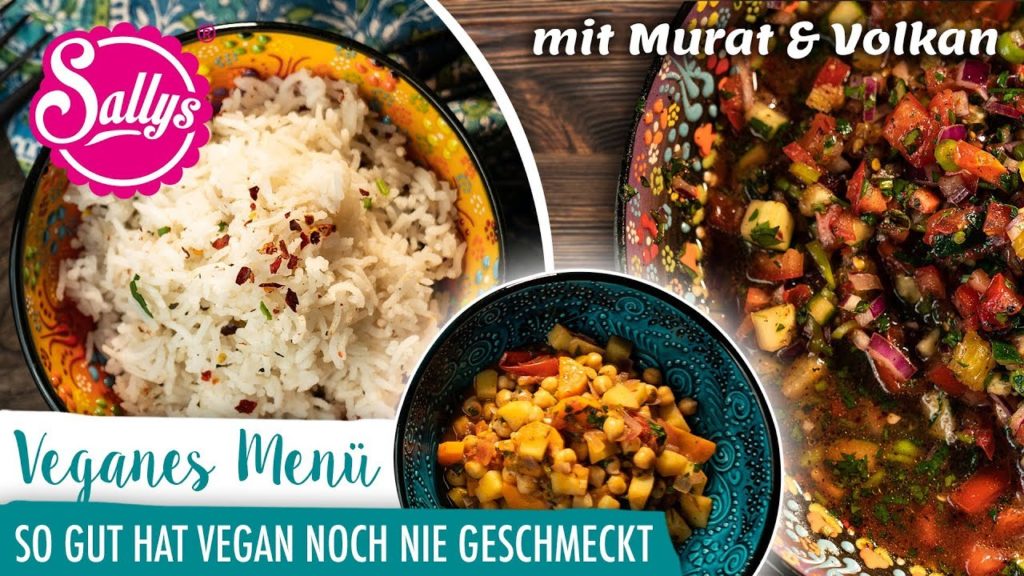 Veganes Menü mit Tomatensalat, Reis und Kichererbsen/ Murats 5 Minuten