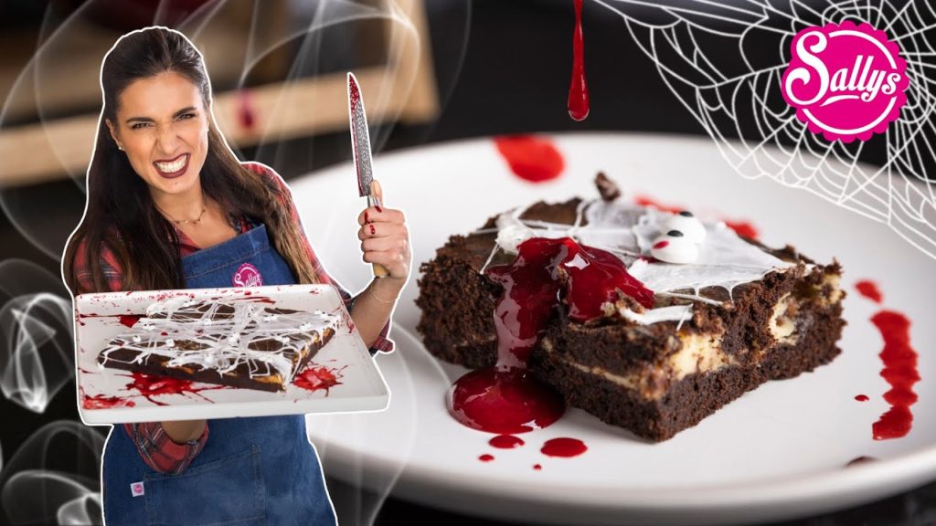 schaurig-leckere Halloween Brownies 👻🩸 / Cheesecake Füllung / essbares Blut und Spinnweben