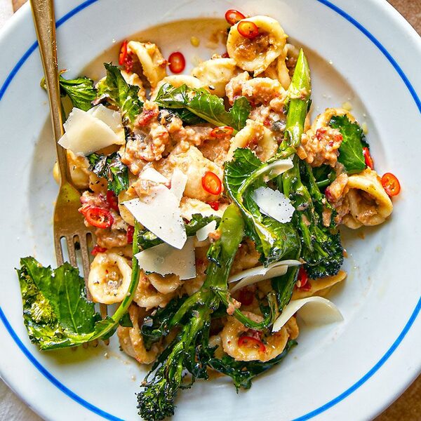 Orecchiette mit violettem Brokkoli und kalabrischem Pesto